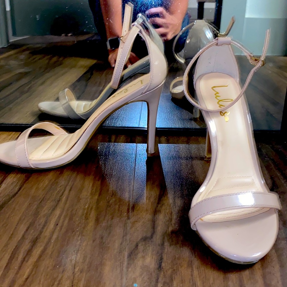 Nude patent leather strappy 4.5” heels